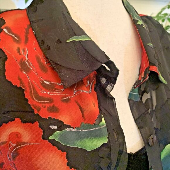 Vintage‎ Erin by Erin London Top Women's XL Sheer Black Floral Button-Up EUC - Picture 3 of 8
